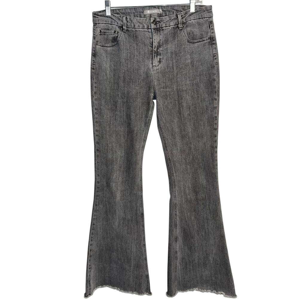 Tractr Gray Flare Jeans Women’s Size 10/30 Raw Hem High Rise Stretch Denim